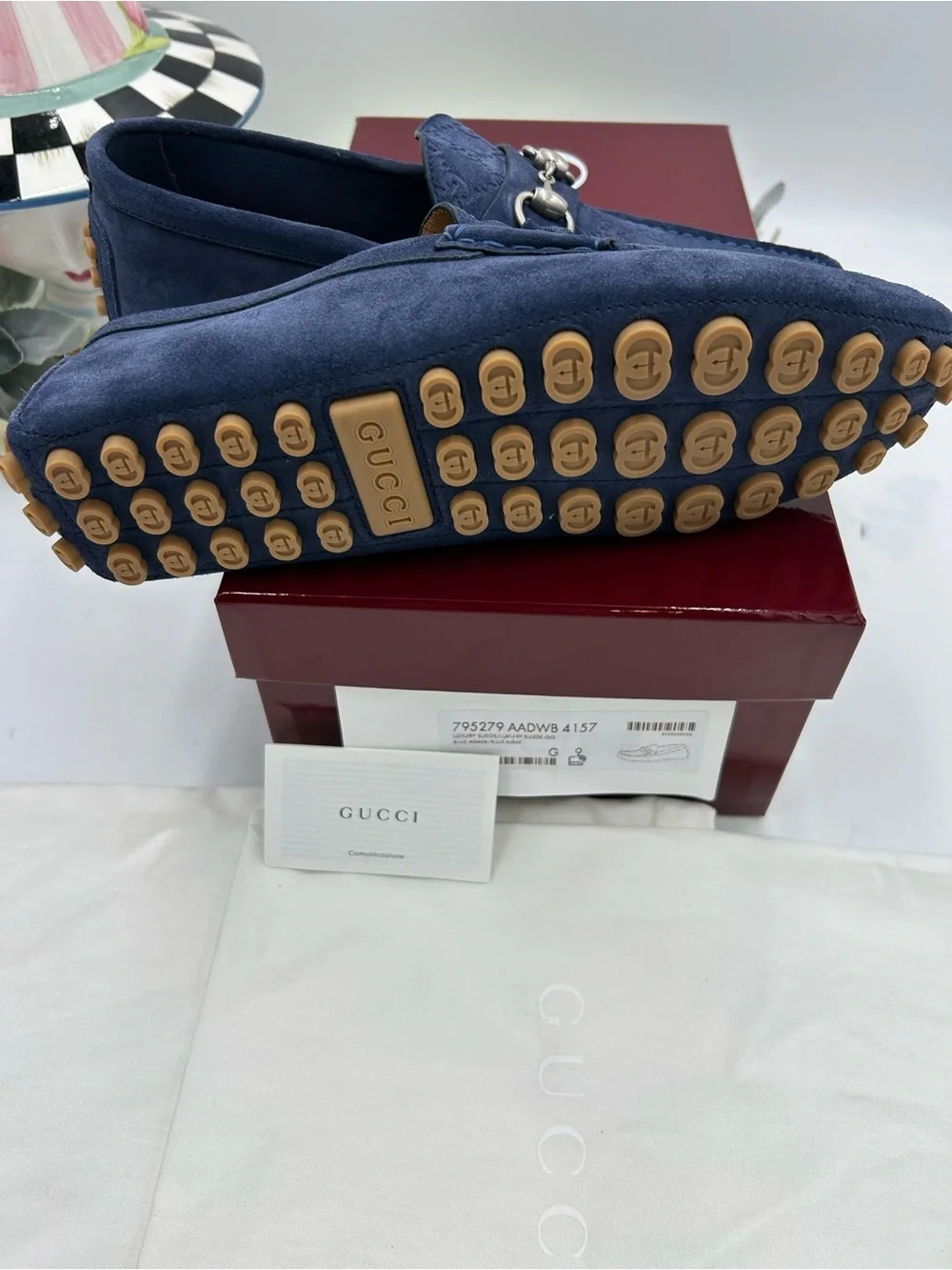 Men's Gucci GG embossed blue suede driver loafers size 9 fits 10 US made Italy